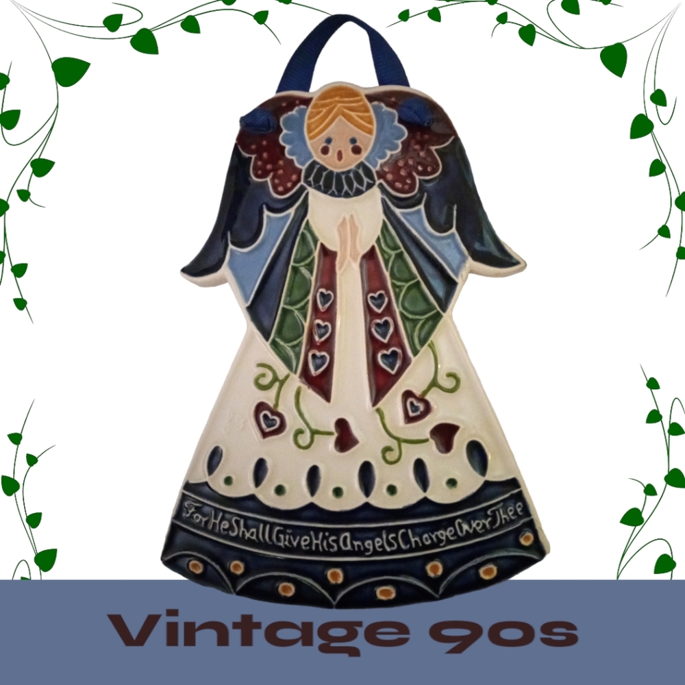 0002 Vintage 90s JoAnn Duban Ceramic Angel Wall Hanging Psalm 91:11